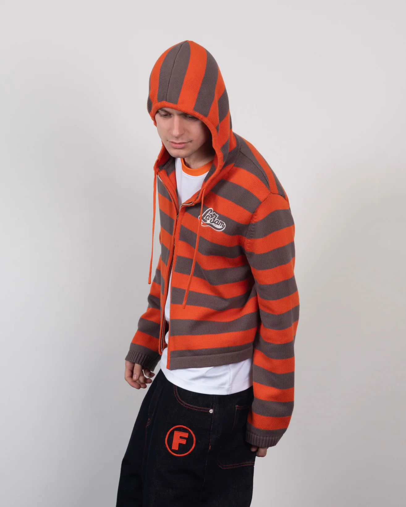 Knit striped hoodie orange /grey - Image 3